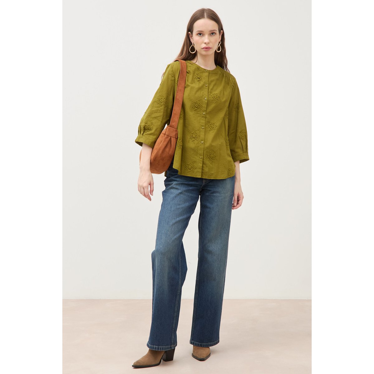 Chemise en coton manches 3/4 vert kaki, BONOBO