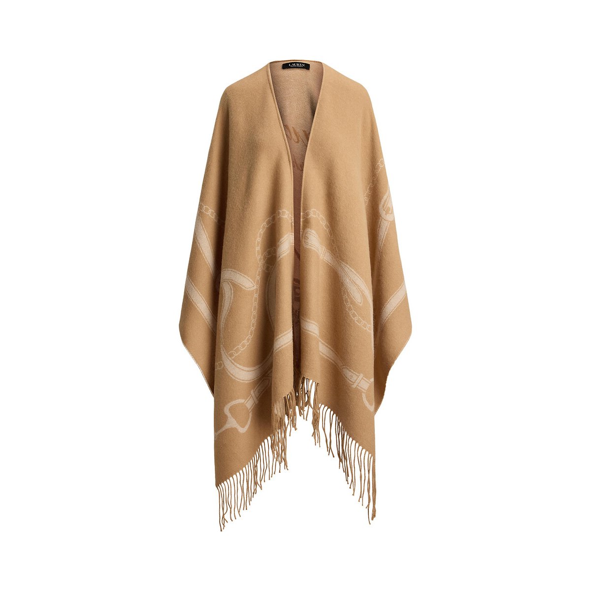 Poncho frangé, réversible, à motif équestre camel/beige, LAUREN RALPH LAUREN