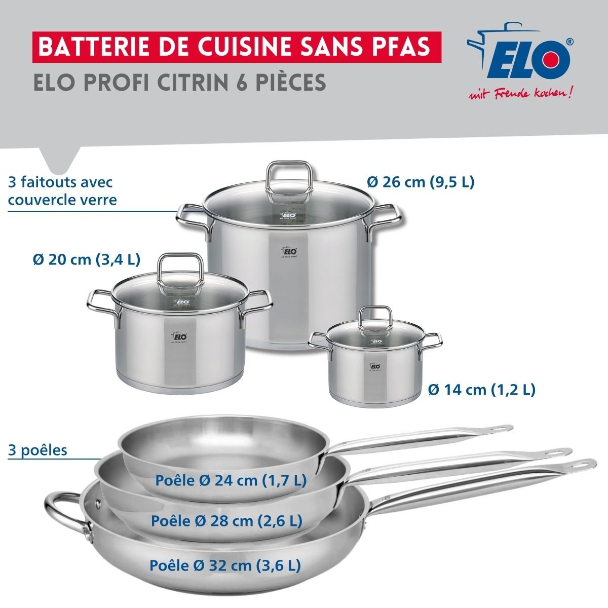 3 poêles 24/28/32cm + 3 faitouts 14/20/26cm PROFI CITRIN gris, ELO