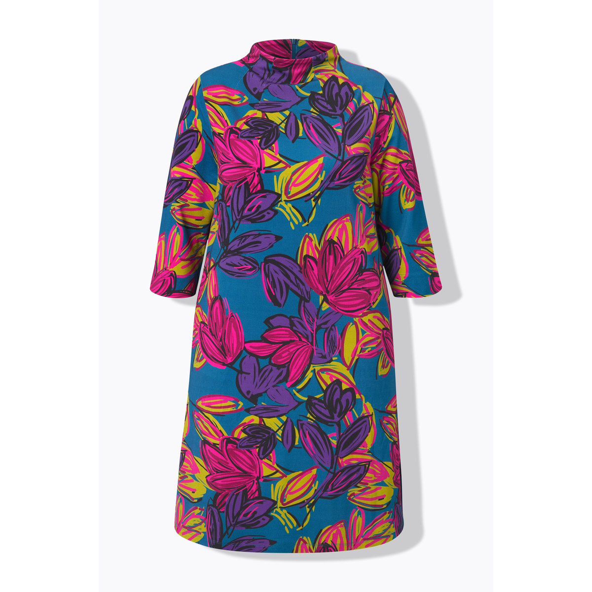 Robe en point de Rome à col montant bleu pétrole, ULLA POPKEN