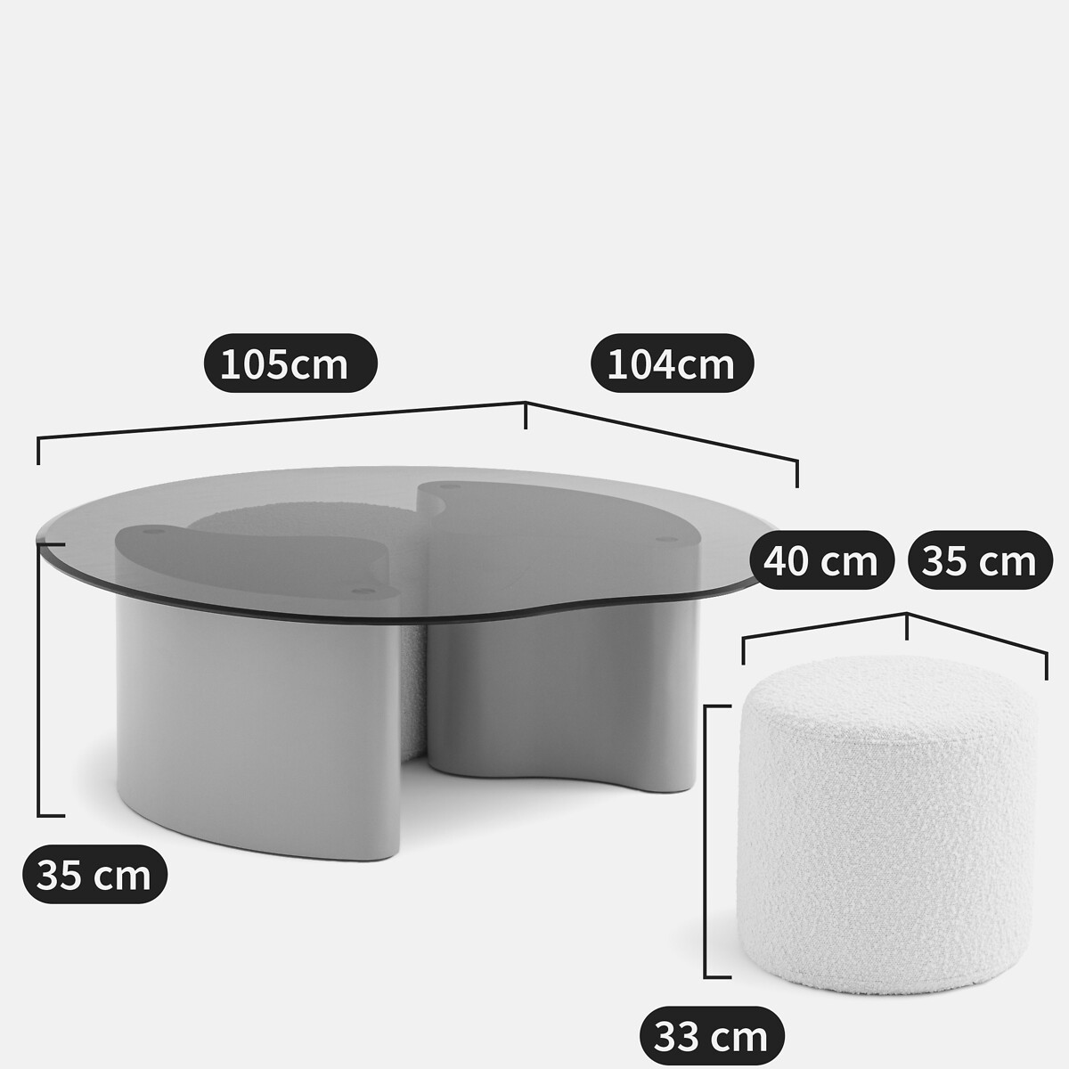 Table basse avec 2 poufs, plateau en verre trempé, POGLIO ambre, LA REDOUTE INTERIEURS