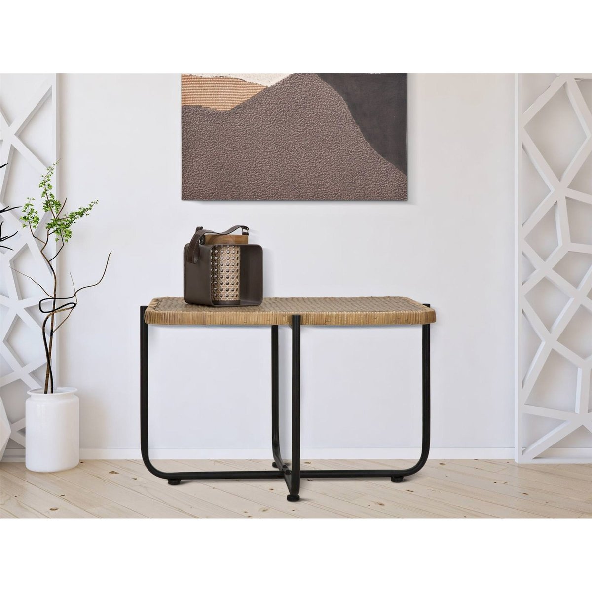 Table basse rotin tressé structure métal BOHO CHIC rotin naturel et noir, RECOLLECTION
