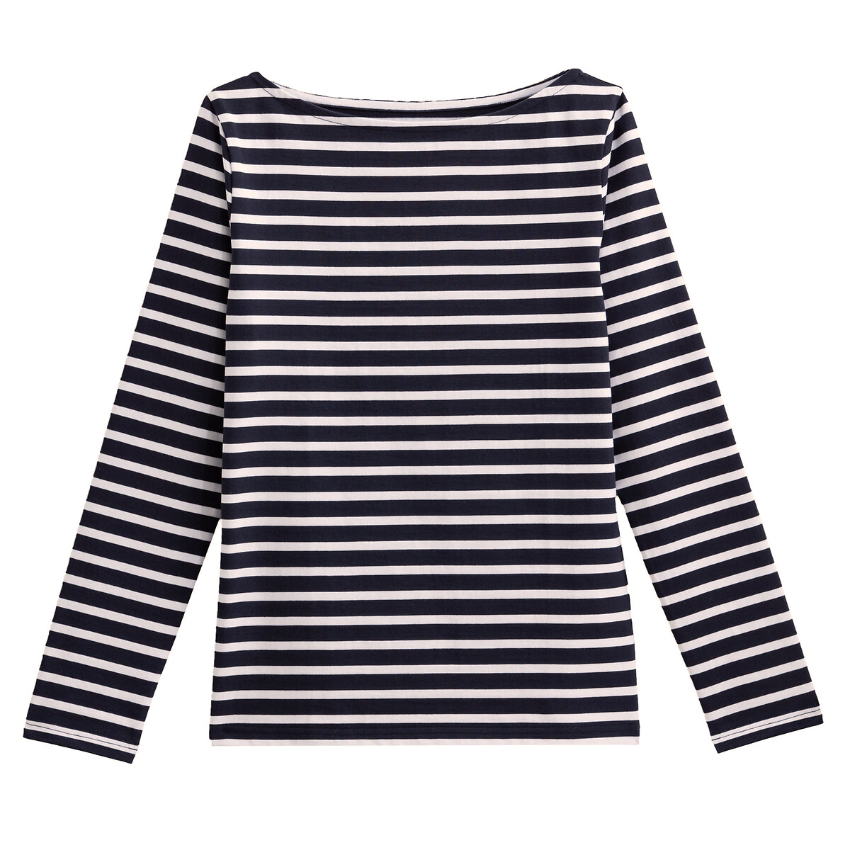 Striped Boat Neck T-Shirt with Long Sleeves navy with ecru stripes, LA REDOUTE COLLECTIONS