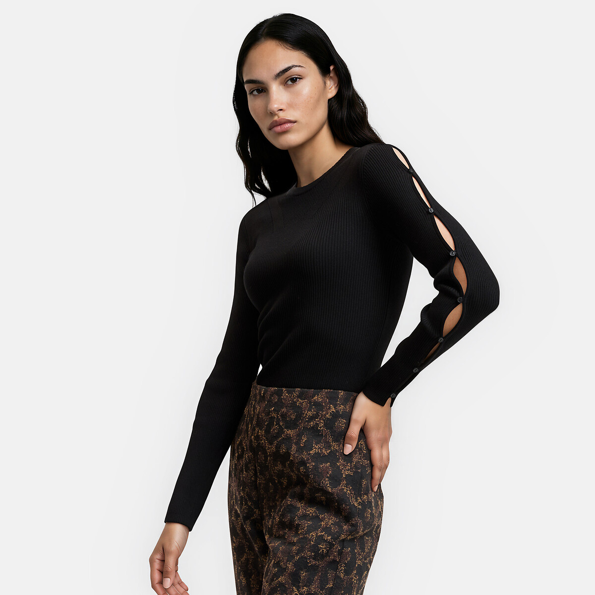 Fine Ribbed Knit Crew Neck Jumper with Button Detail black, LA REDOUTE COLLECTIONS