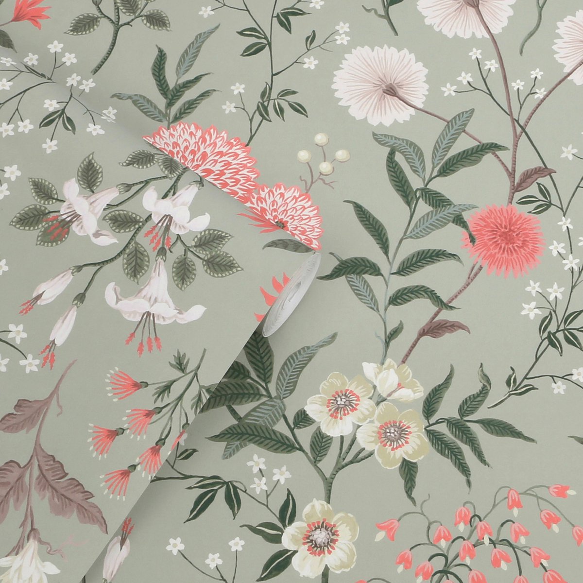 Papier peint Fleurs de dahlia et de lys Otterham Garden vert, rose, beige, LAURA ASHLEY