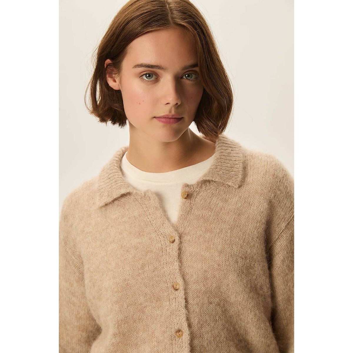 Anouka Long Sleeve Cardigan with Polo Collar taupe, DES PETITS HAUTS
