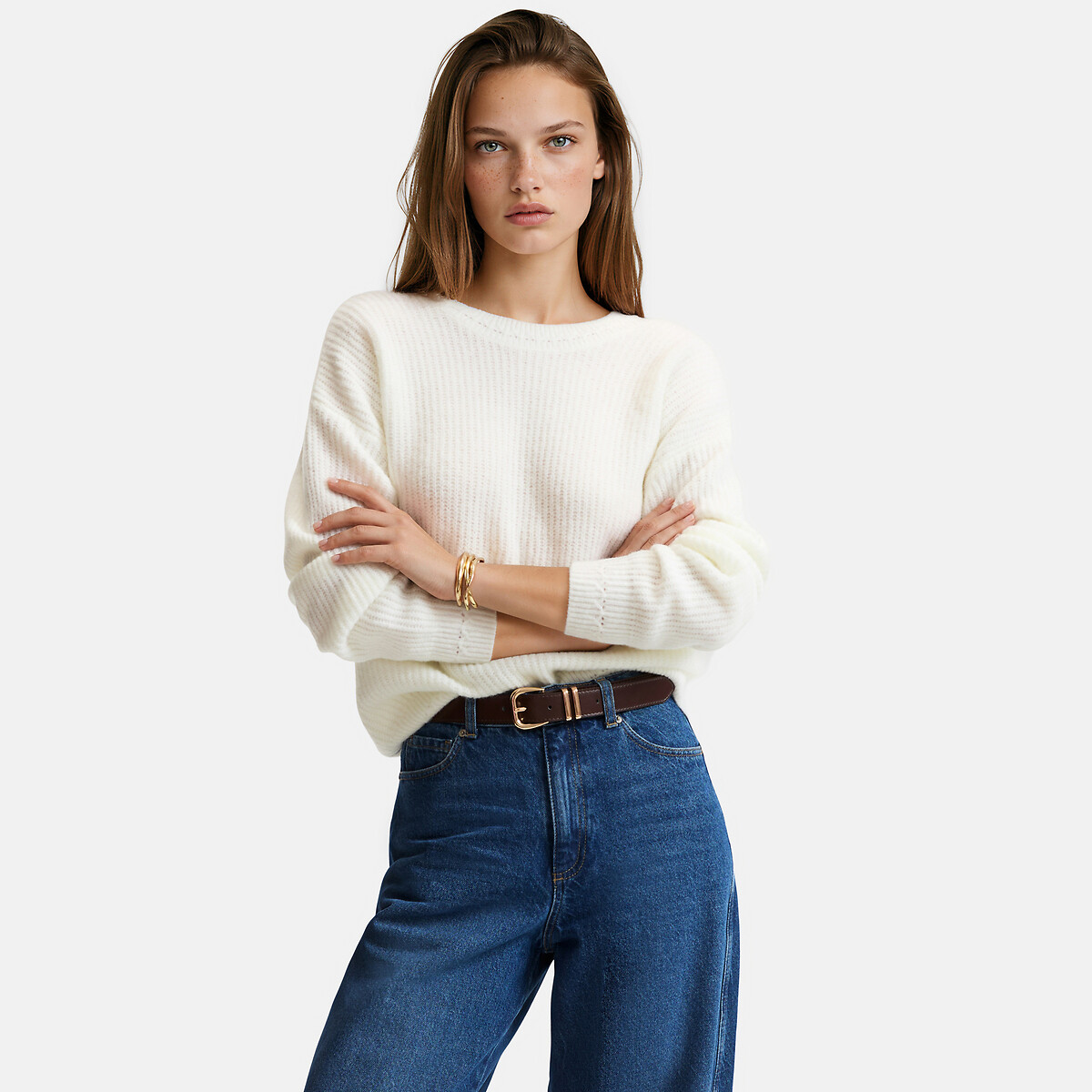 Pull réversible col rond col V ecru, LA REDOUTE COLLECTIONS