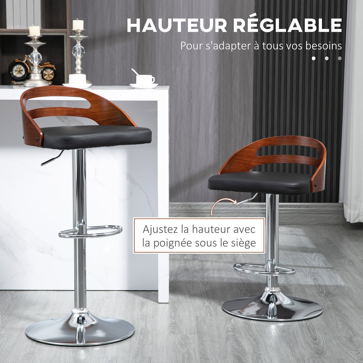 Tabouret de bar revêtement synthétique PU noir, aspect bois, chrome, HOMCOM