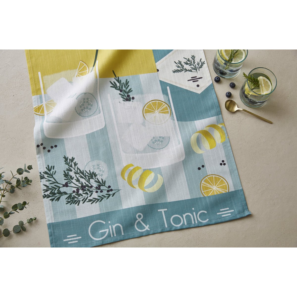 Torchon imprimé en coton et lin GIN TONIC bleu, COUCKE