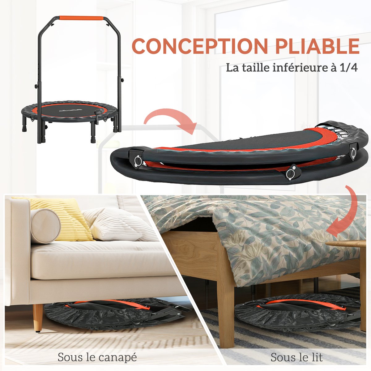 Trampoline de Fitness gym pliable réglable Ø 102 cm écran LCD noir rouge noir, HOMCOM