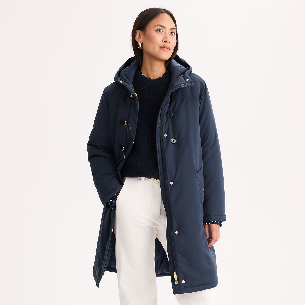 Parka mi-longue, à brandebourgs et capuche bleu marine, ANNE WEYBURN