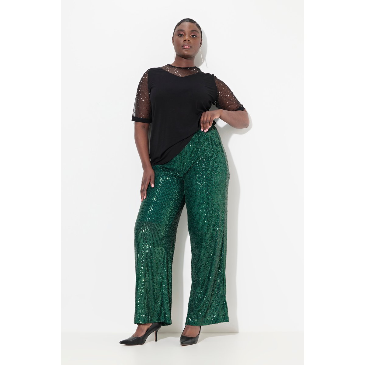 Pantalon à sequins. Taille élastique vert foncé, ULLA POPKEN