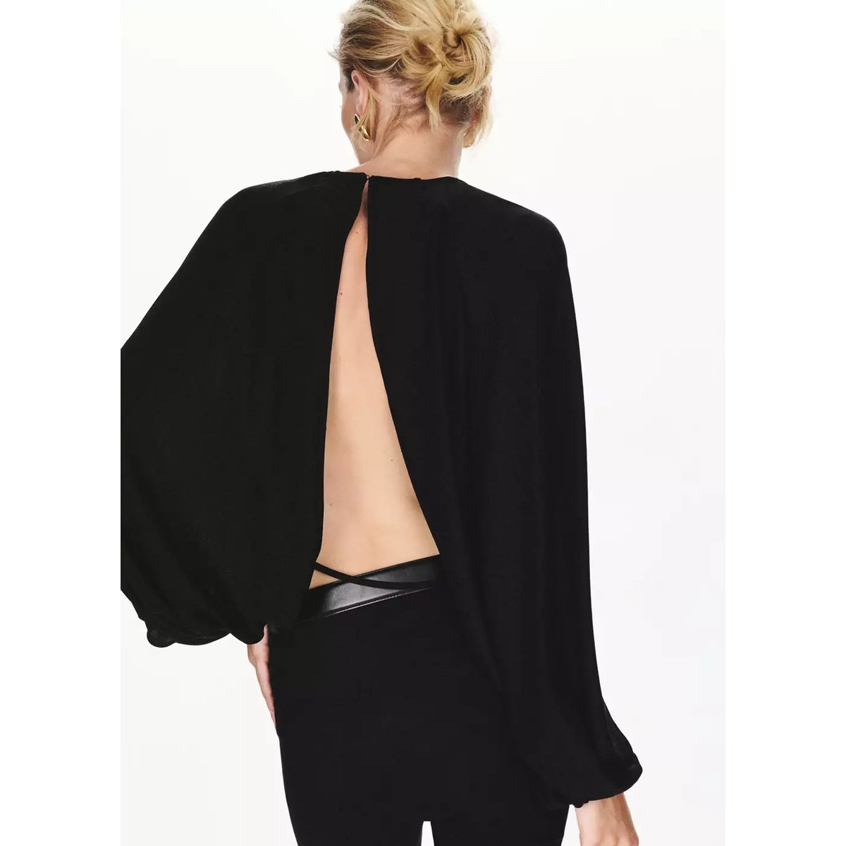 Blouse froncé fil textile noir, MANGO