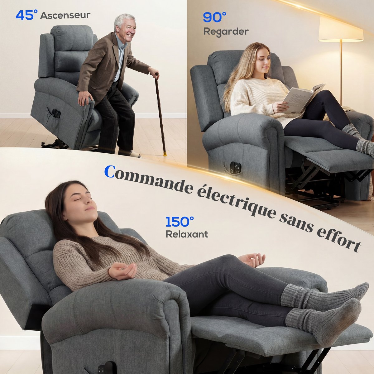 Fauteuil releveur multifonctionnel Lin (100% gris, HOMCOM