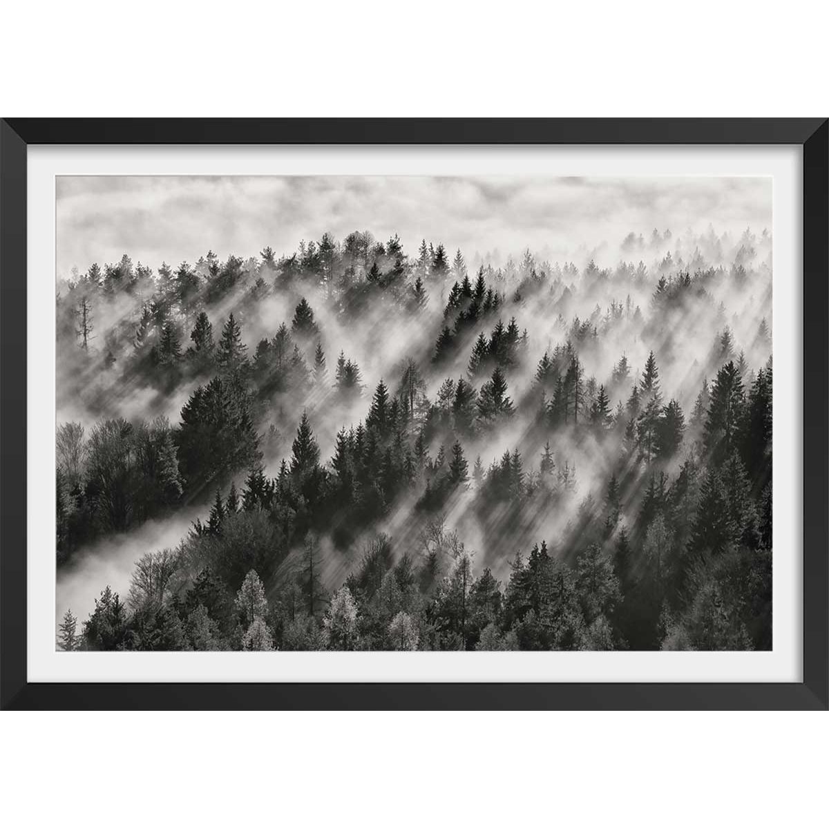 Affiche paysage rayons de lumière affiche + cadre en bois - noir, HEXOA