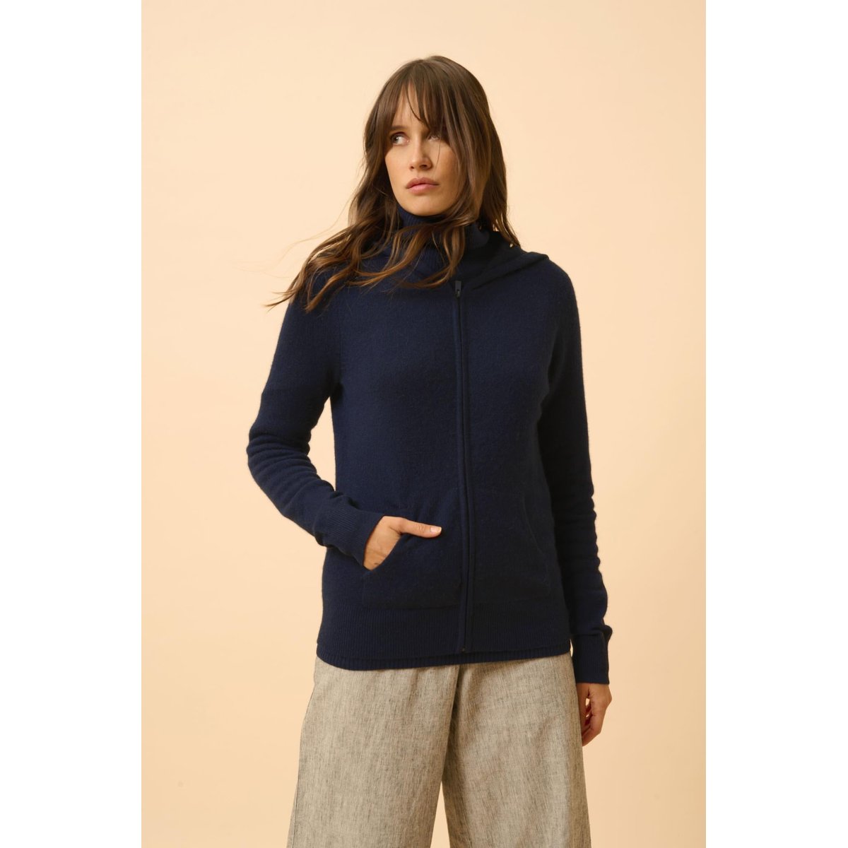 Gilet Zippé Capuche Navy Debbie bleu foncé, JUST CASHMERE