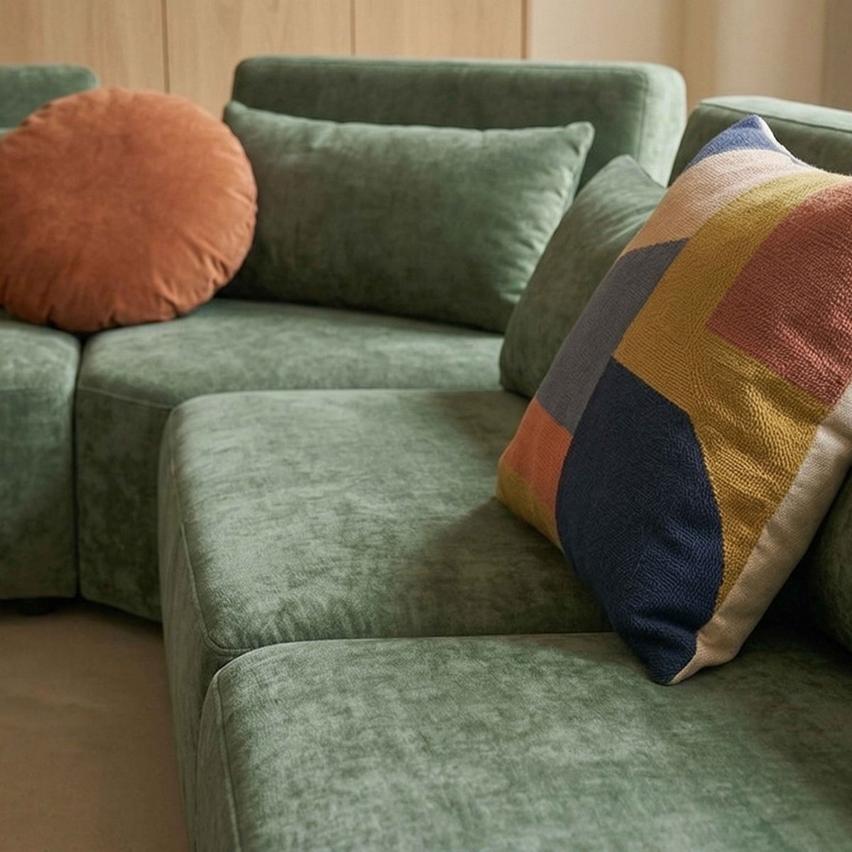 Canapé modulable d'angle 7 places en tissu avec coussins dossier ajustable, CALLISTO vert, OVIALA