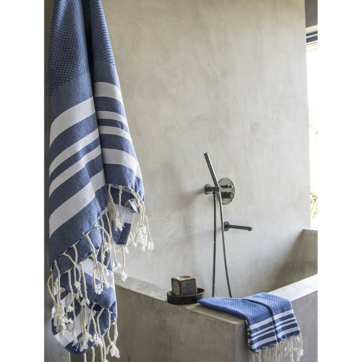 Foutas de bain (1+2) coton HAMPTONS bleu grec / blanc, FEBRONIE
