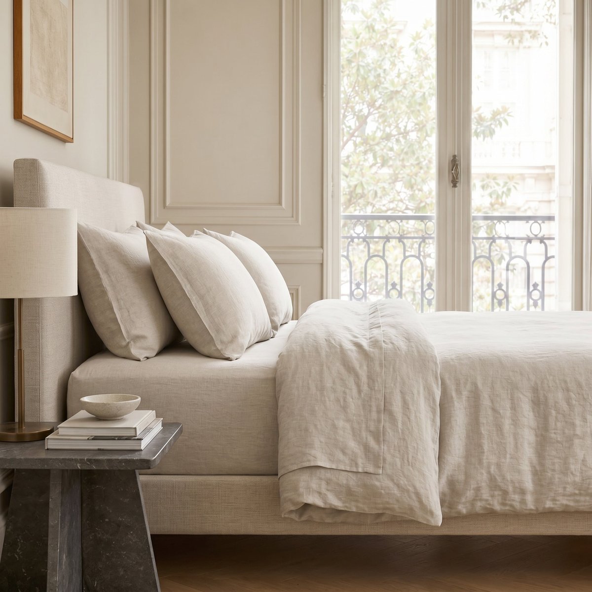 Drap plat lin lavé ADELE Made in Europe beige clair, FEBRONIE