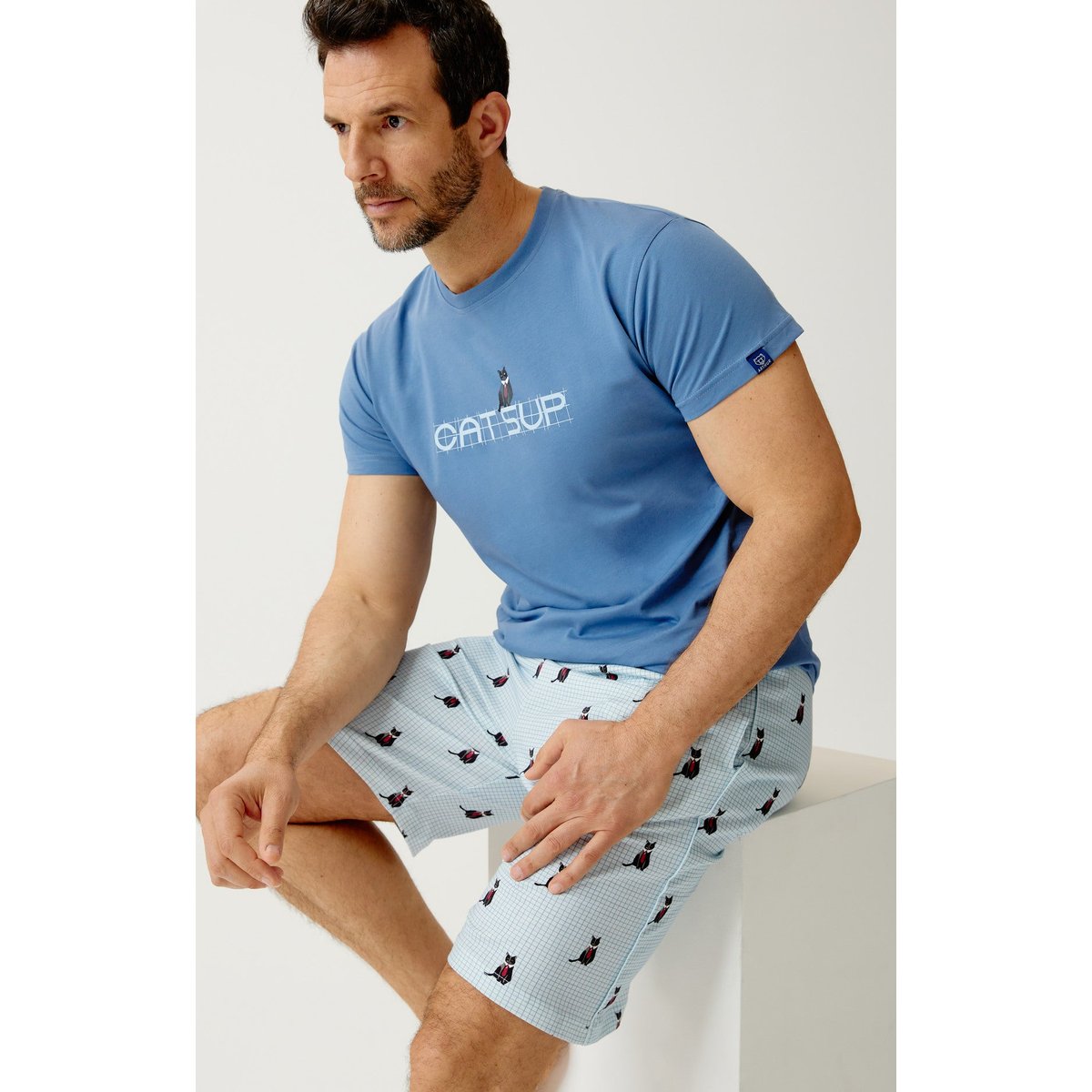 Pyjashort en jersey de coton léger imprimé Cat sup ciel, ARTHUR