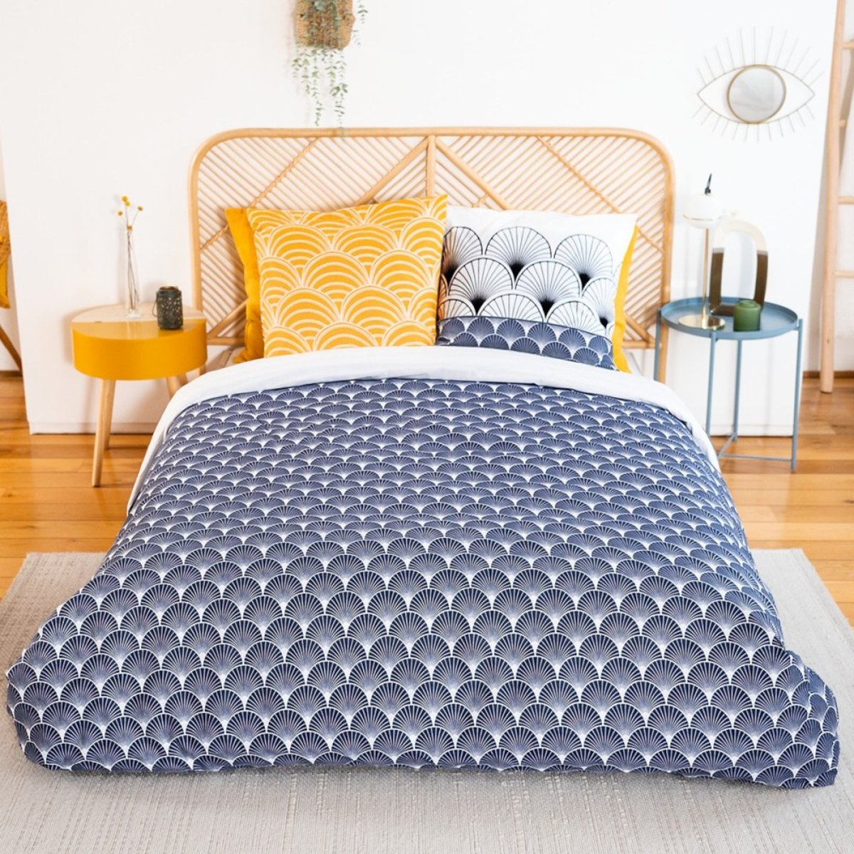 Housse de couette réversible 200x200 KERITA + 2 taies 100% coton adouci 57 fils/2 bleu, DECORATIE