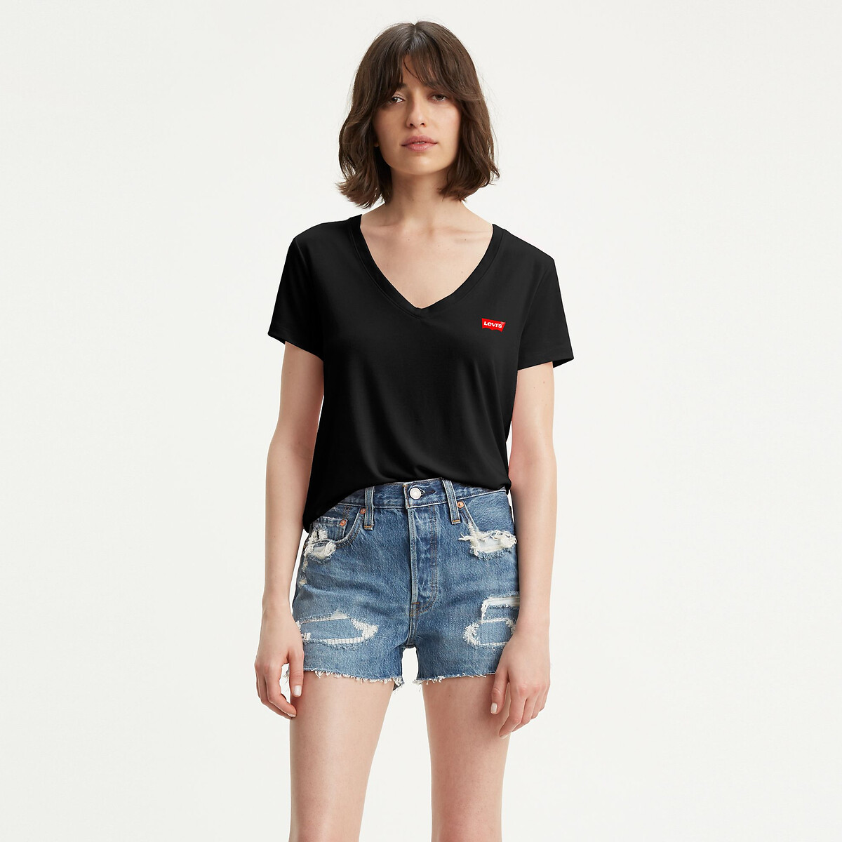 T-shirt met korte mouwen, V-hals, logo vooraan zwart, LEVI'S