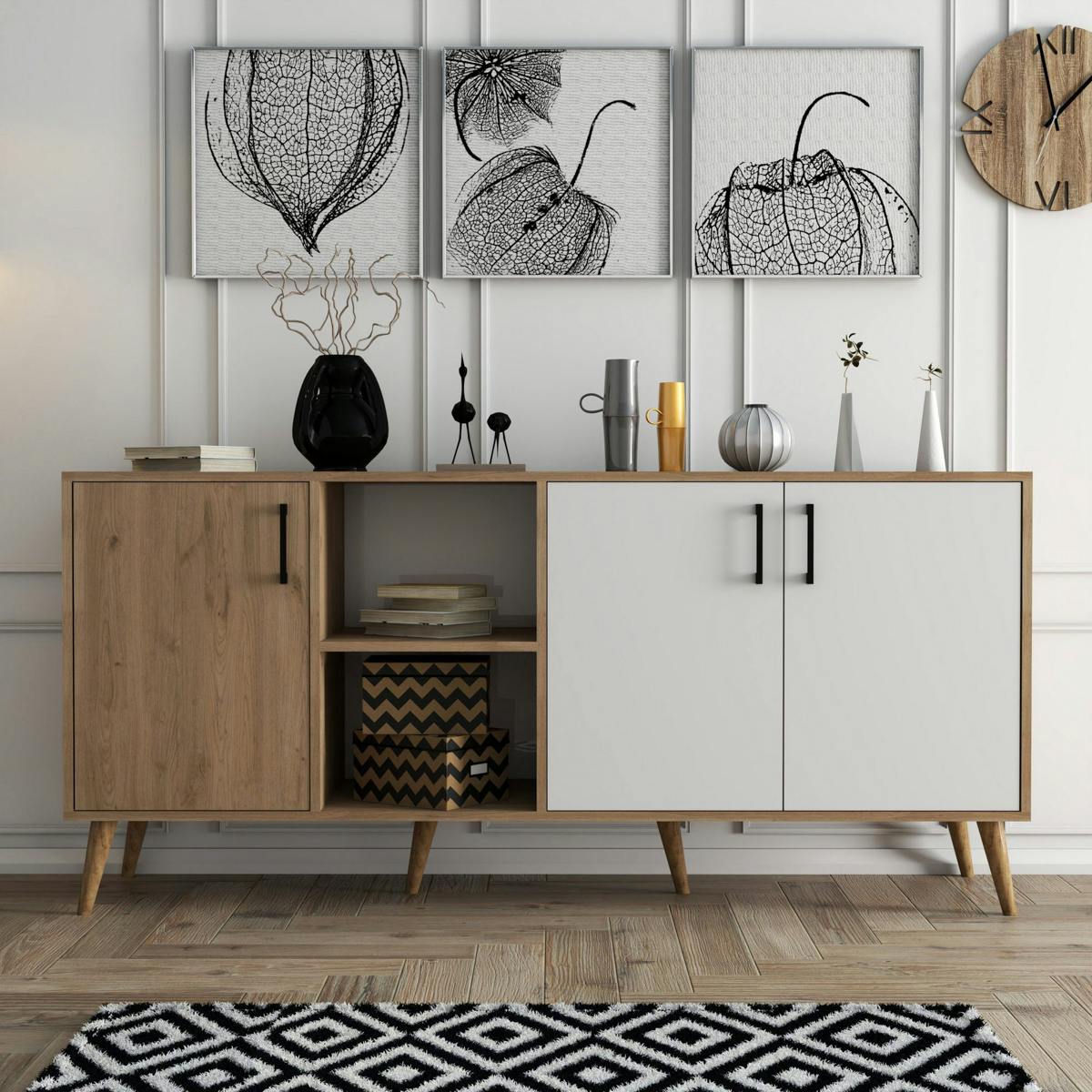 Buffet moderne effet bois et blanc, pieds obliques MARFA bois naturel, PIER IMPORT