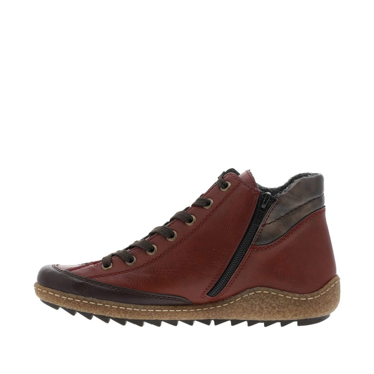 Bottines rouges à talon plat avec des lacets et un zip latéral rouges, RIEKER
