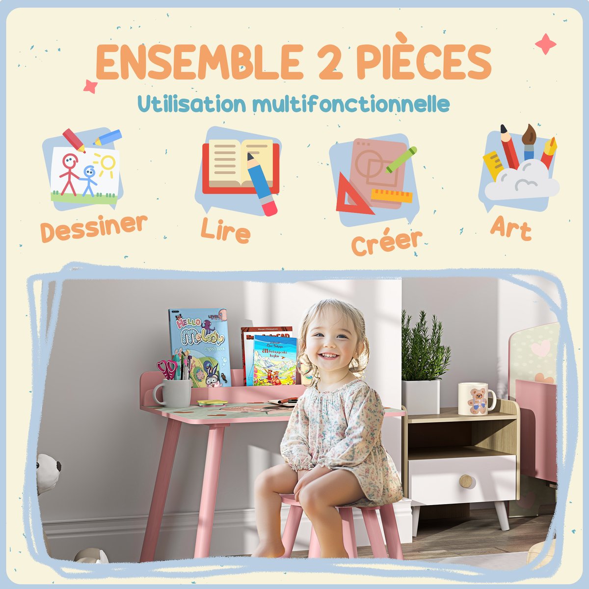 Ensemble table et chaises pour enfants MDF rose, AIYAPLAY