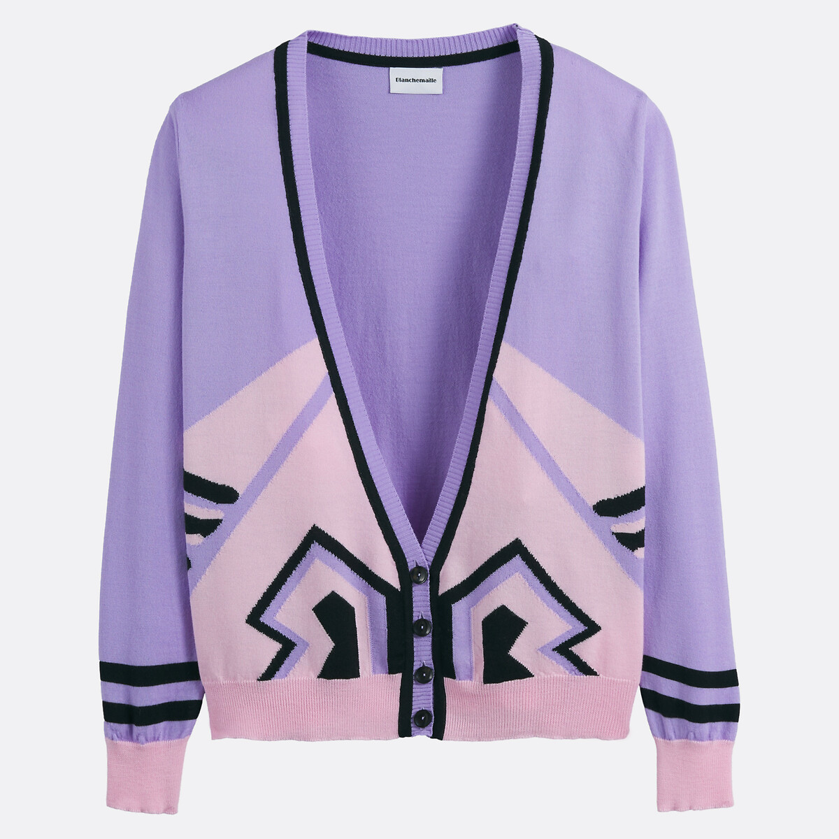 Cardigan lungo con scollo a V profondo in lana merino viola parma, BLANCHEMAILLE
