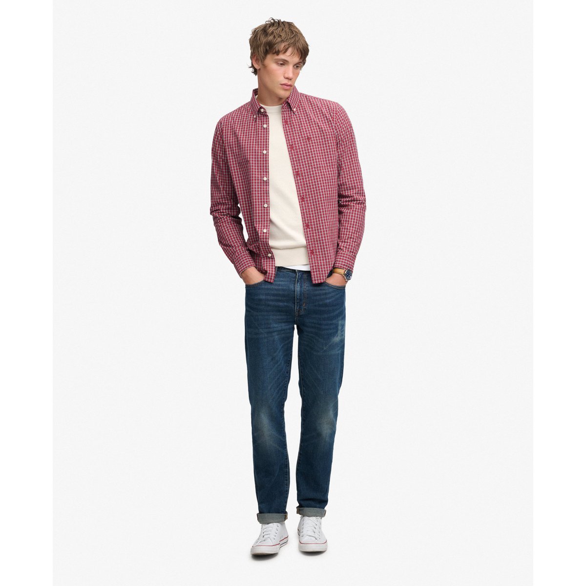 Chemise Preppy Poplin à Manches Longues carreaux rouges glen, SUPERDRY