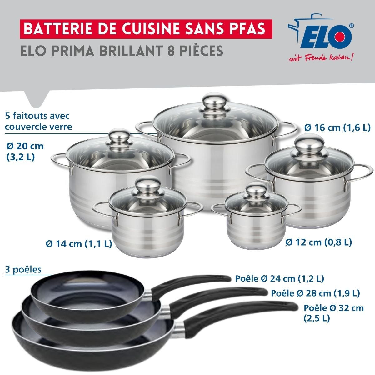 3 poêles 24/28/32cm + 5 faitouts 12/14/16/20/24cm PRIMA BRILLANT noir, ELO