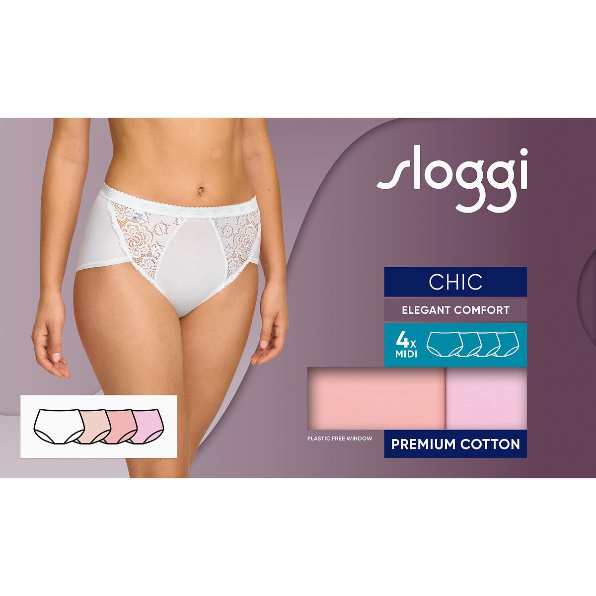 Lot de 3+1 gratuit - Culottes SLOGGI CHIC MIDI blanc + 3 roses, SLOGGI