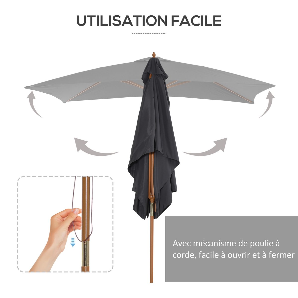 Parasol de terrasse Bois Gris foncé anthracite, OUTSUNNY