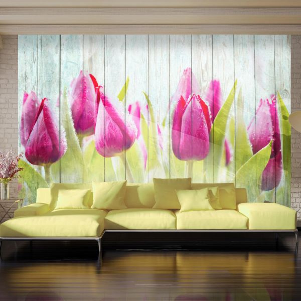 Papier peint intissé panoramique Fleurs Tulips on white wood vert, EDEN