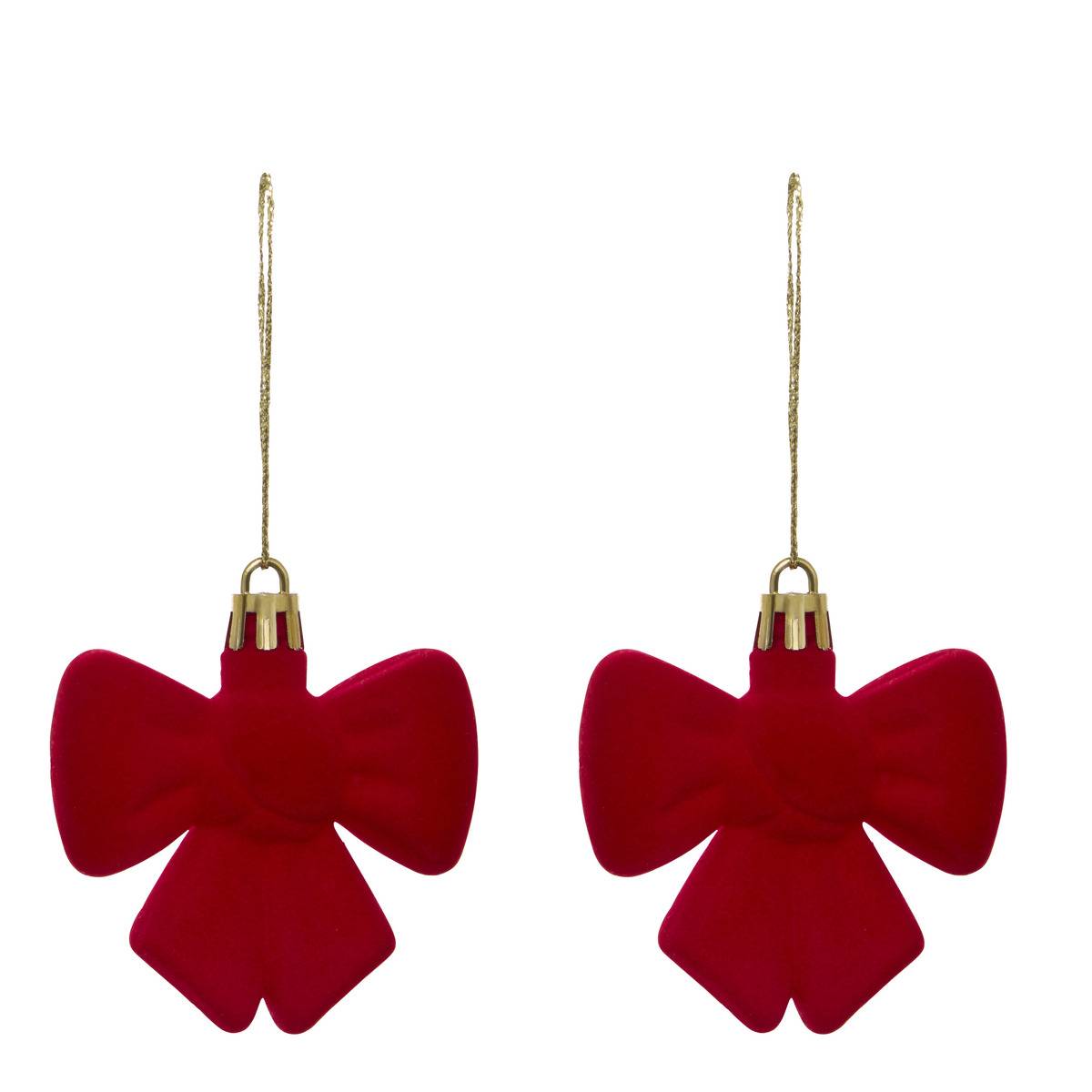 Lot de 2 suspensions de sapin nœud en plastique rouge 6 cm rouge, FEERIC LIGHTS & CHRISTMAS