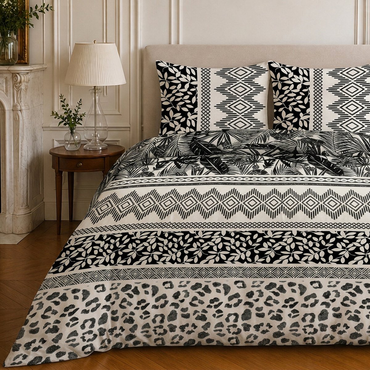 Parure de lit en microfibre motif géométrique, LAVANE blanc / noir, C DESIGN HOME TEXTILE