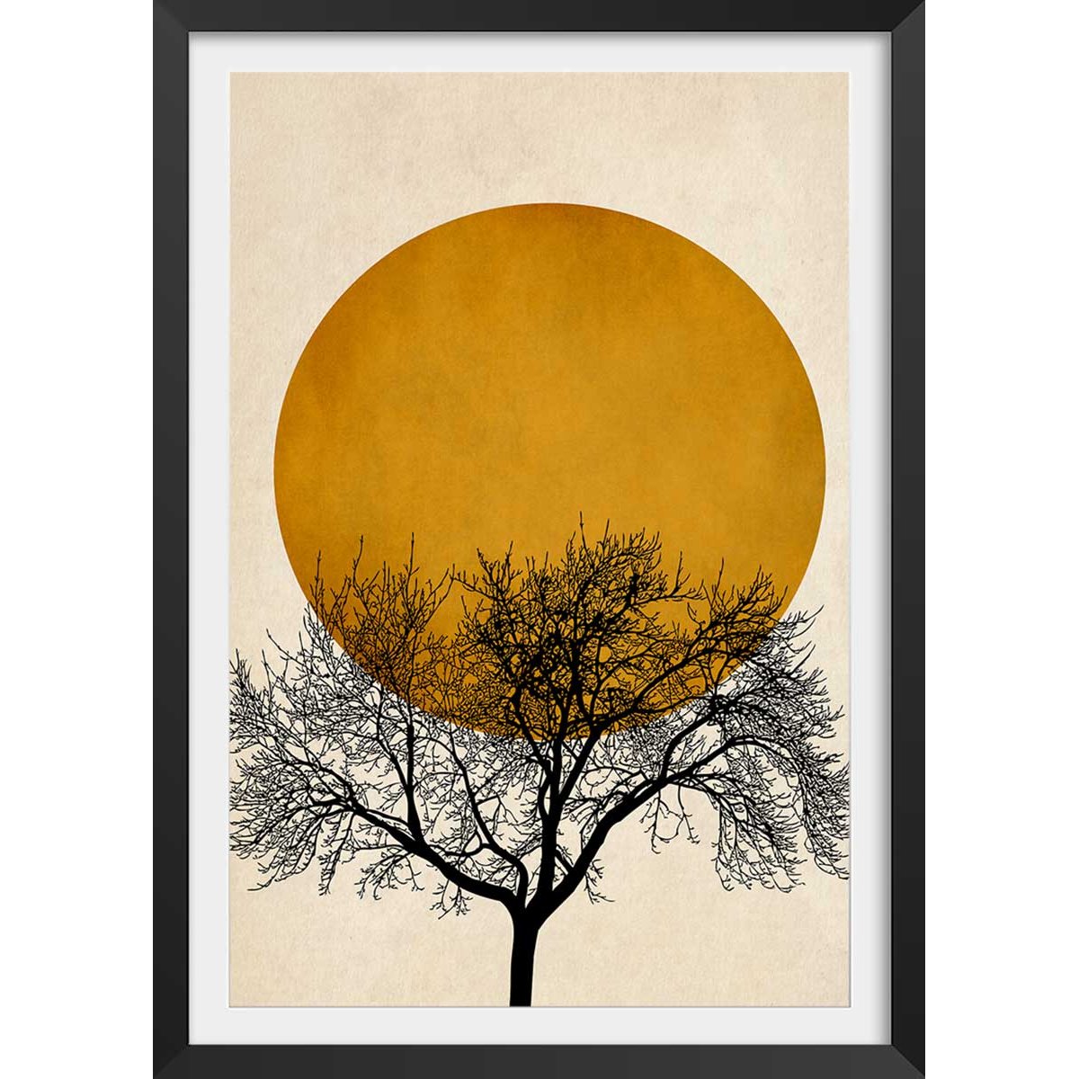 Affiche dessin arbre et sérénité affiche + cadre en bois - noir, HEXOA