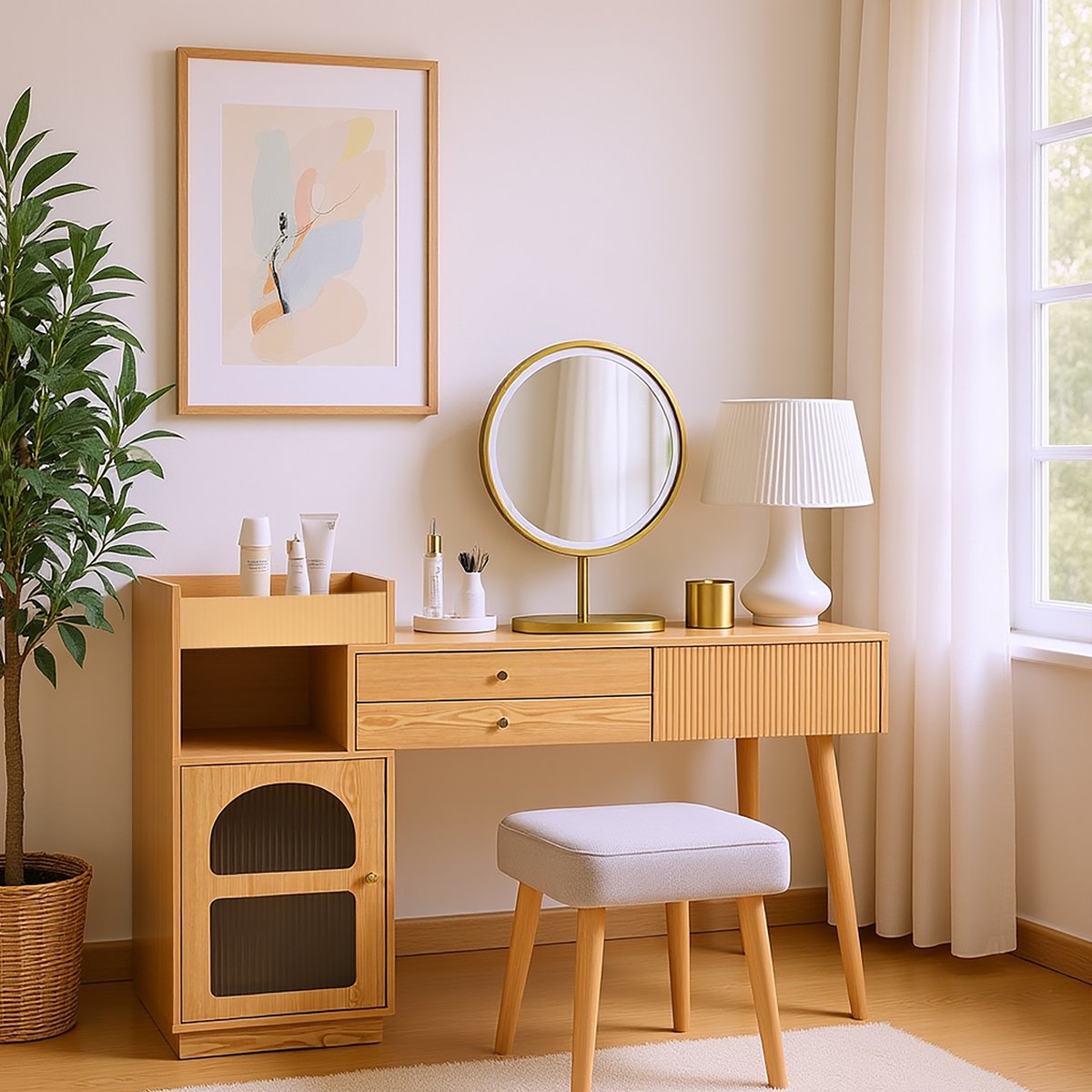 Coiffeuse table de maquillage avec 2 tiroirs 1 porte et 2 niches scandinave, ULTRAC chêne, MEUBLES COSY