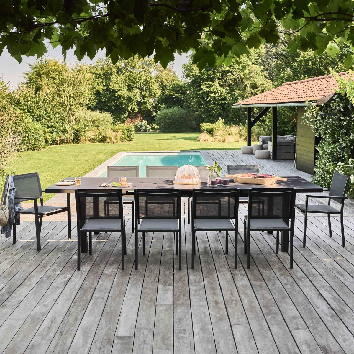 Salon de jardin table extensible 256/320 cm avec 10 assises, ALBI gris, OVIALA