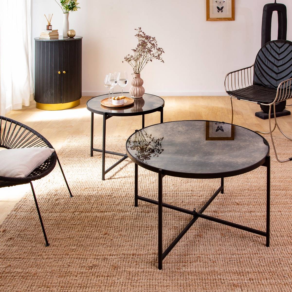 Table basse gigogne en verre FLORIAN noir, MADE IN MEUBLES 