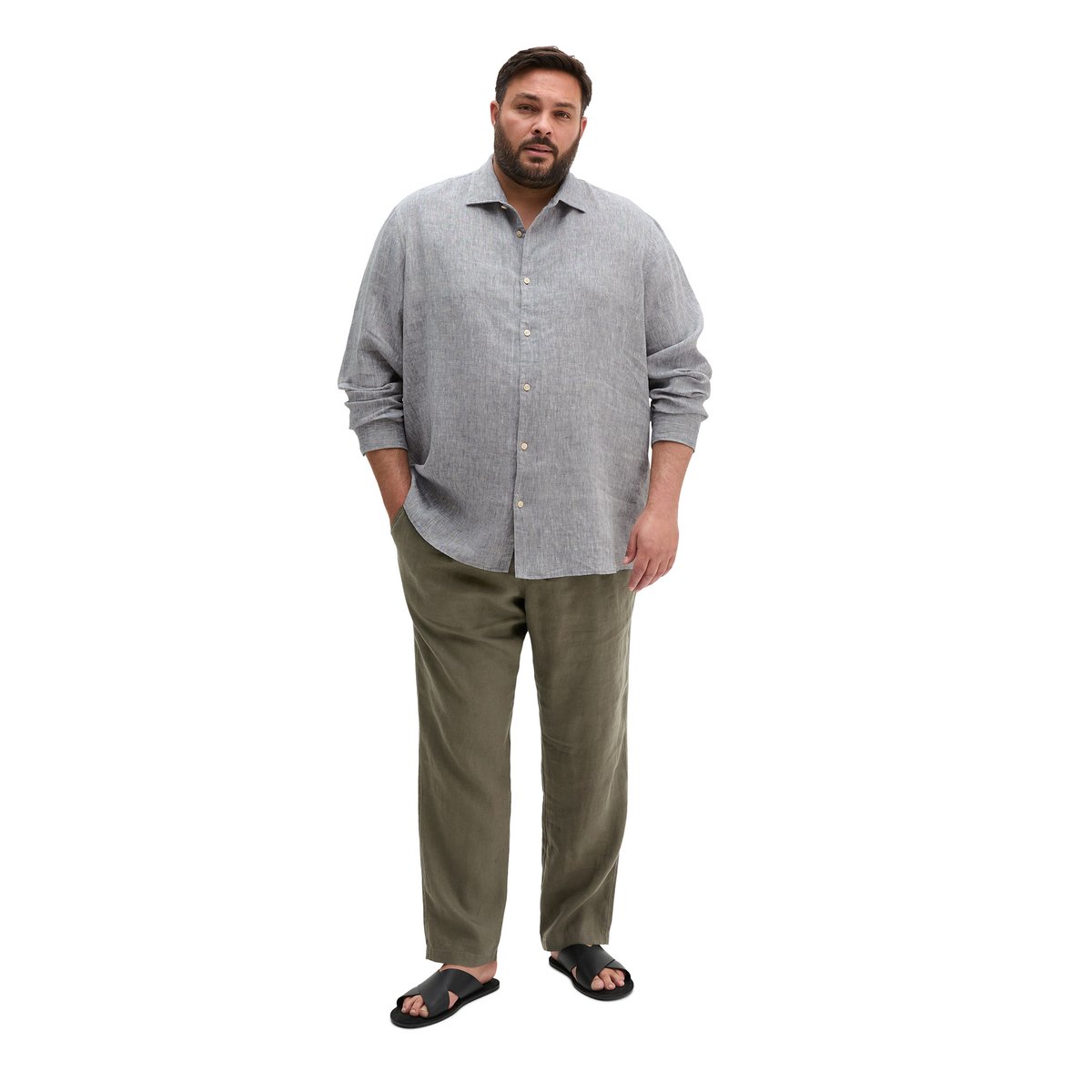 Chemise à col requin shaped en chambray de lin fin bleu moyen, MARC O'POLO