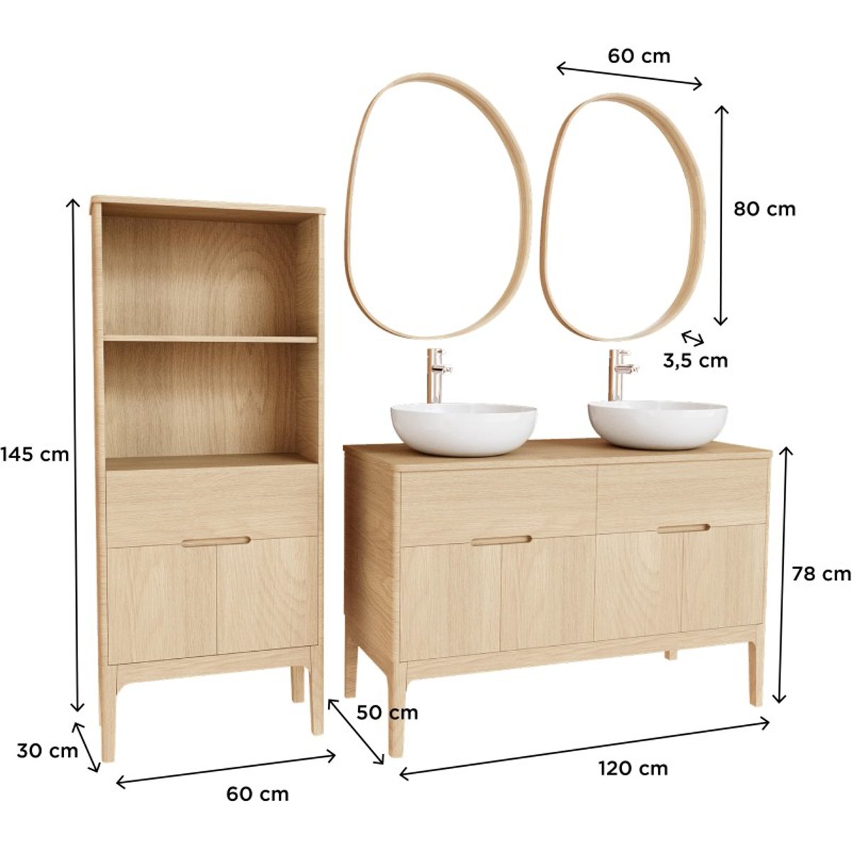 Meuble double+vasque+rob+miroir+col ALASKA chêne, MOB IN