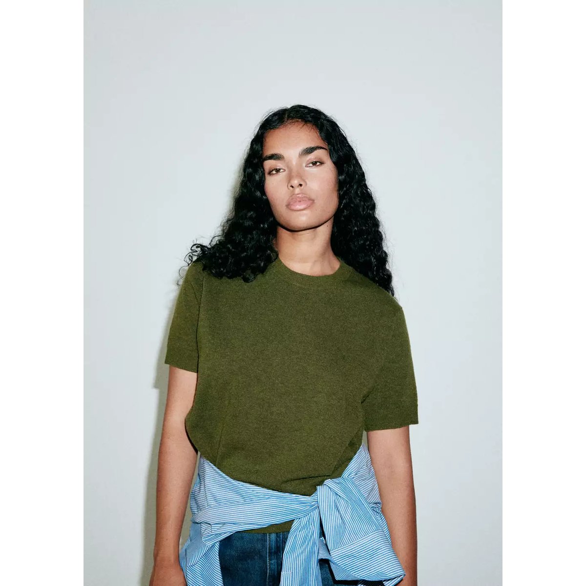Pull en maille à manches courtes vert, MANGO