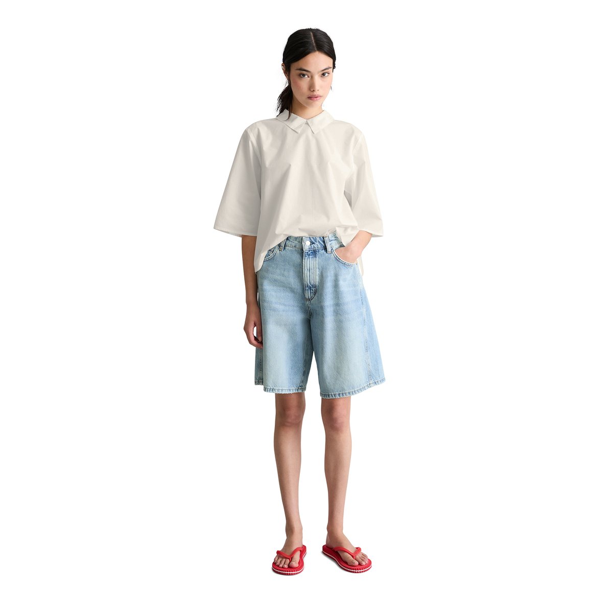 Blouse popeline à manches courtes regular avec détail de plis dans le dos blanc, MARC O’POLO DENIM