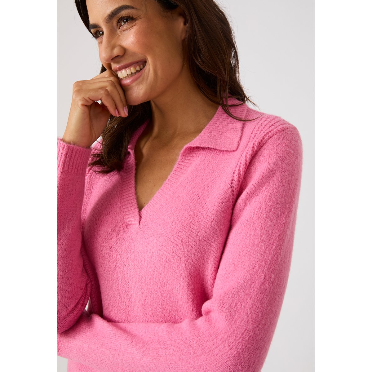 Pull col polo ouvert fantaisie côtelée rose, DAMART