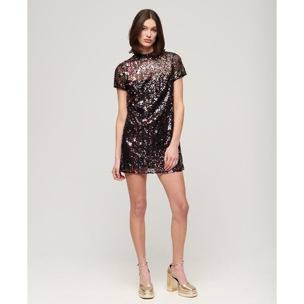 Robe t-shirt à sequins et col montant paillettes multicolores, SUPERDRY