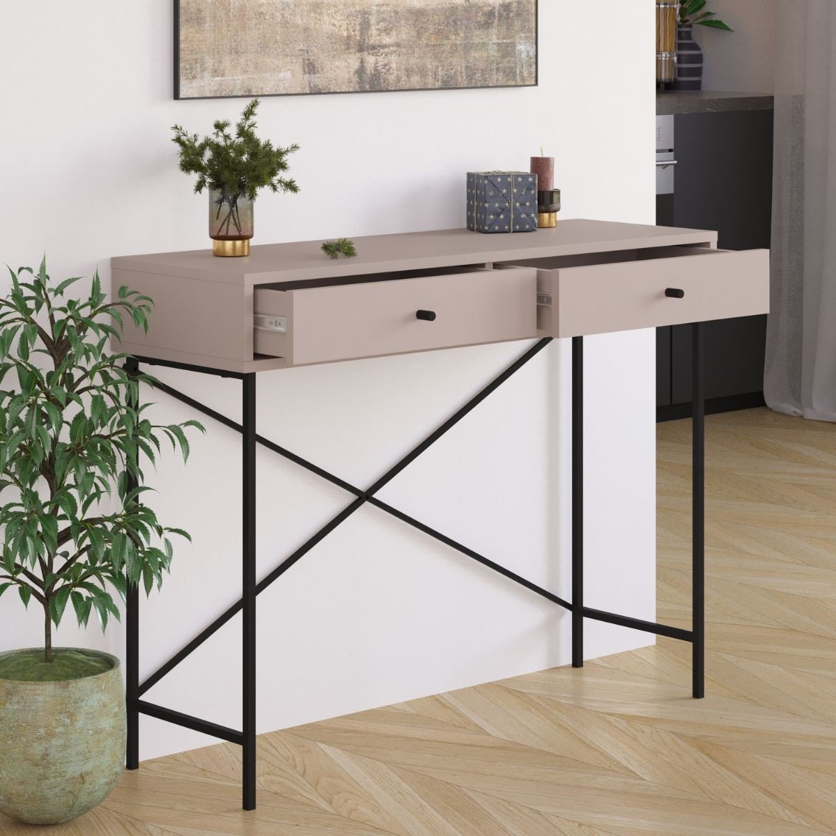 Console 2 Tiroirs Couleur moka et Pieds en Métal L110 cm - Titan marron, CALICOSY