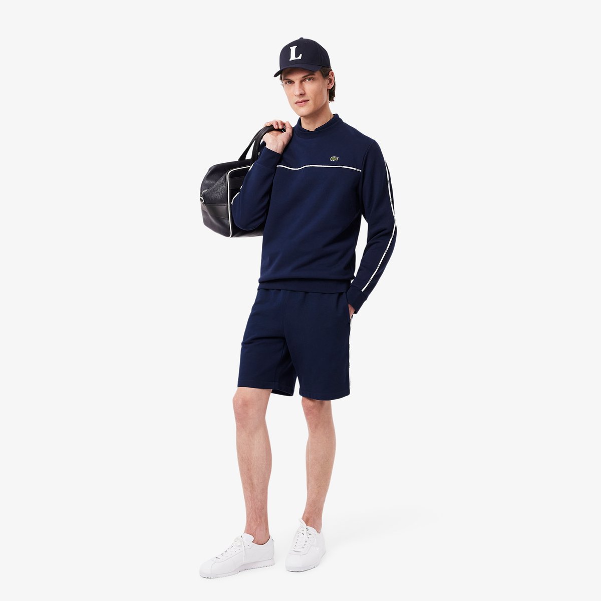 Sweatshirt molleton liserés griffés bleu-166, LACOSTE