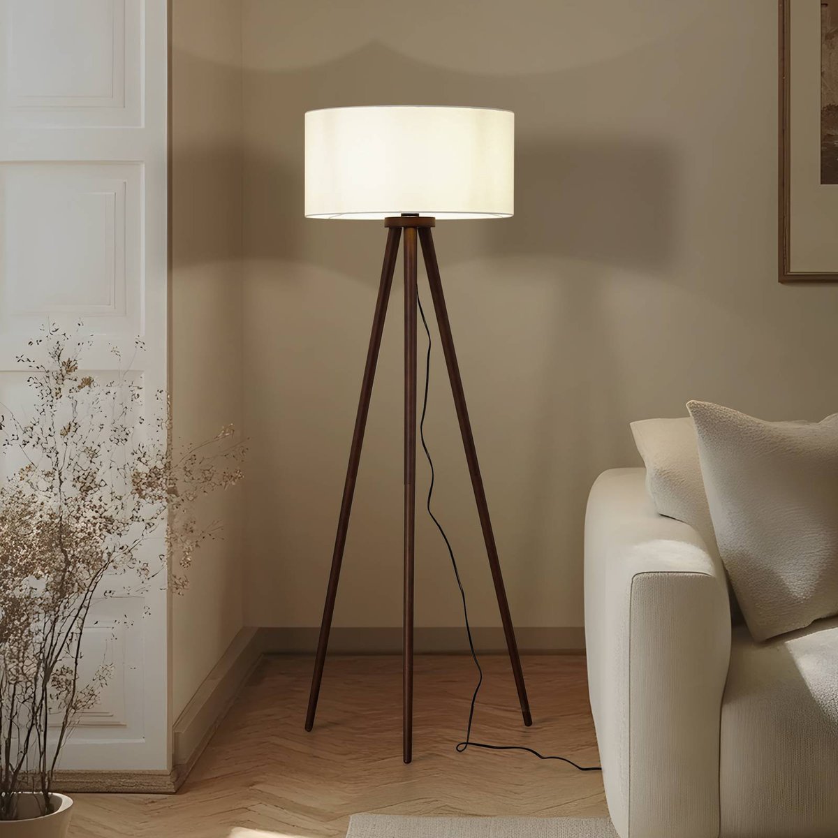 Lampadaire en textile scandinave, Charlia bois foncé, blanc, LINDBY